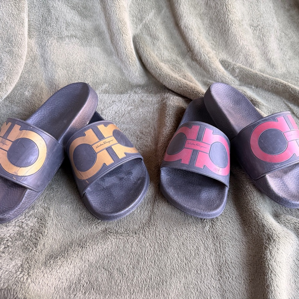 Salvatore Ferragamo Black Slides with Gold and Red Logos